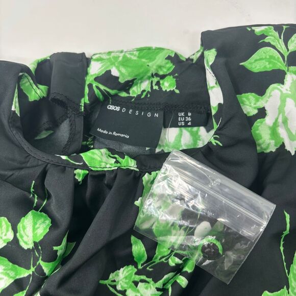 Asos Design Dress Women's 4 Black Green Floral‎ Sleeveless Satin Midi Dress - Picture 5 of 7